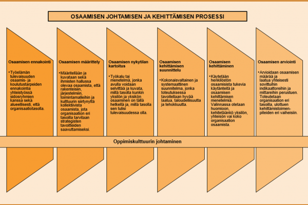 Kuvio, jossa osaamisen johtaminen lähtee osaamisen ennakoinnista ja etenee osaamisen määrittely, nykytilan kartoituksen, kehittämisen suunnittelun ja kehittämisen kautta osaamisen arviointiin.