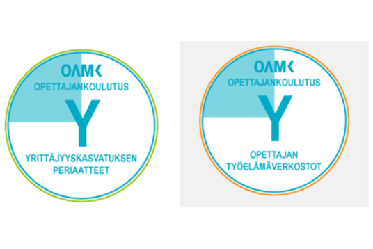 Kaksi osaamismerkkiä: yrittäjyyskasvatuksen periaatteet ja opettajan työelämäverkostot.