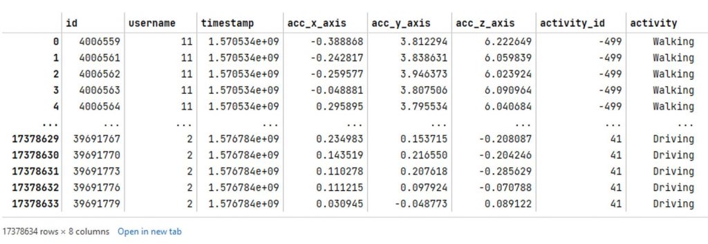 Table containing id, username, timestamp, activity and accelerometer data.