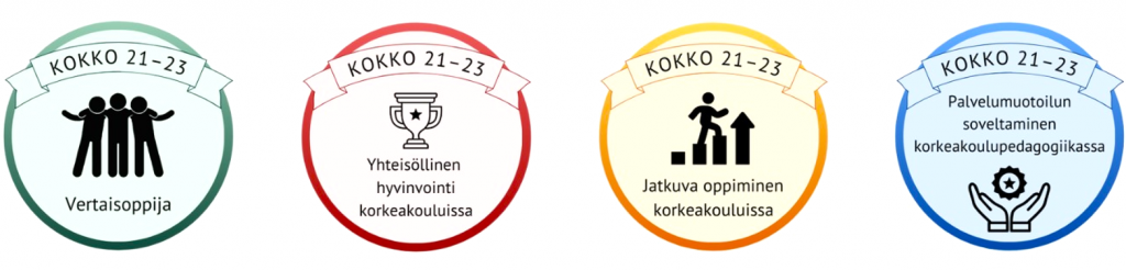 Kuvassa neljä osaamismerkkiä: vertaisoppija, yhteisöllinen hyvinvointi korkeakoulussa, jatkuva oppiminen korkeakoulussa ja palvelumuotoilun soveltaminen korkeakoulupedagogiikassa.