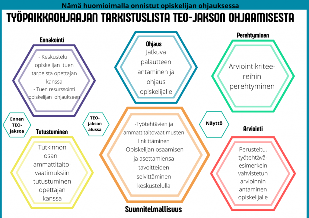 Kuvio, johon on kirjattu tarkistettavia asioita työpaikkaohjaajalle ennen TEO-jakso, TEO-jakson alussa ja näytössä.