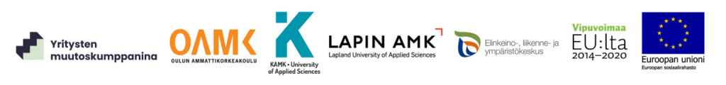 Oamkin, Kajaanin amkin, Lapin amkin, Elinkeino-, liikenne- ja ympäristökeskuksen, Vipuvoimaa EU:lta 2014-2020, Euroopan sosiaalirahaston ja Yritysten muutoskumppanina -logot.