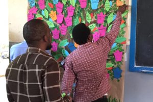 Two people in a photo looking at post-it notes.