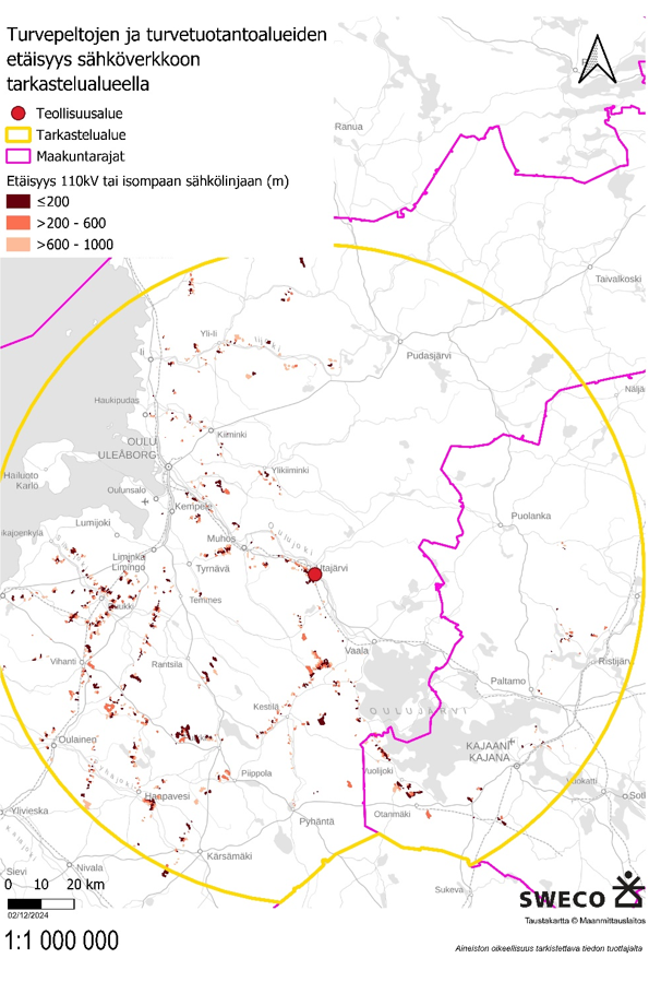 Kartta, josta nähdään sähkölinjojen läheisyyteen sijoittuvien turvepeltojen ja turvetuotantoalueiden esiintyvyys.